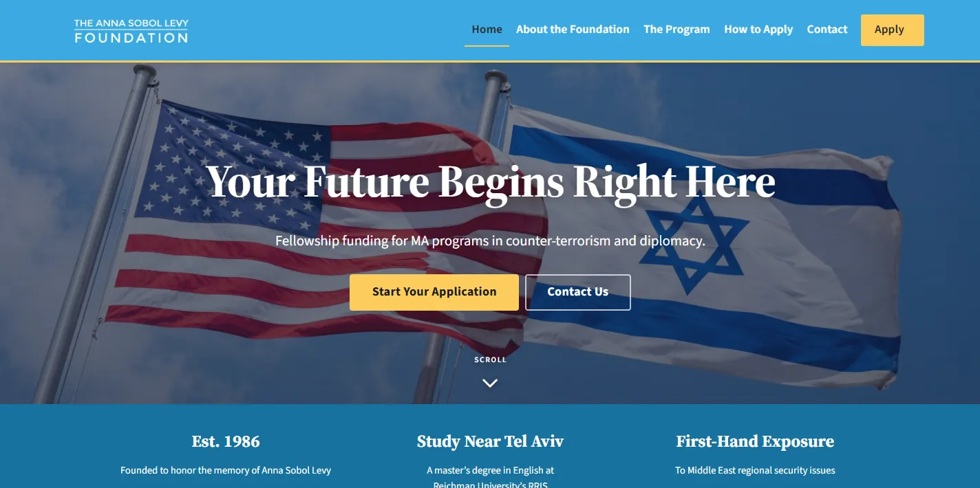 The Anna Sobol Levy Foundation homepage after the Akrodos rebuild