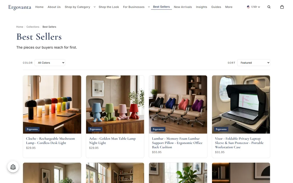 Ergovanta Best Sellers collection page with product grid