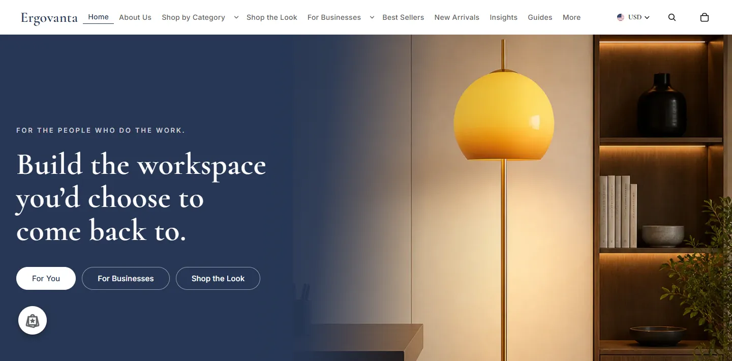 ergovanta.com homepage with the headline Build the workspace you’d choose to come back to